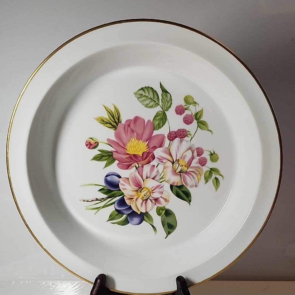 Royal Worcester White Dinner Plate with Pink Floral and Gold Rim